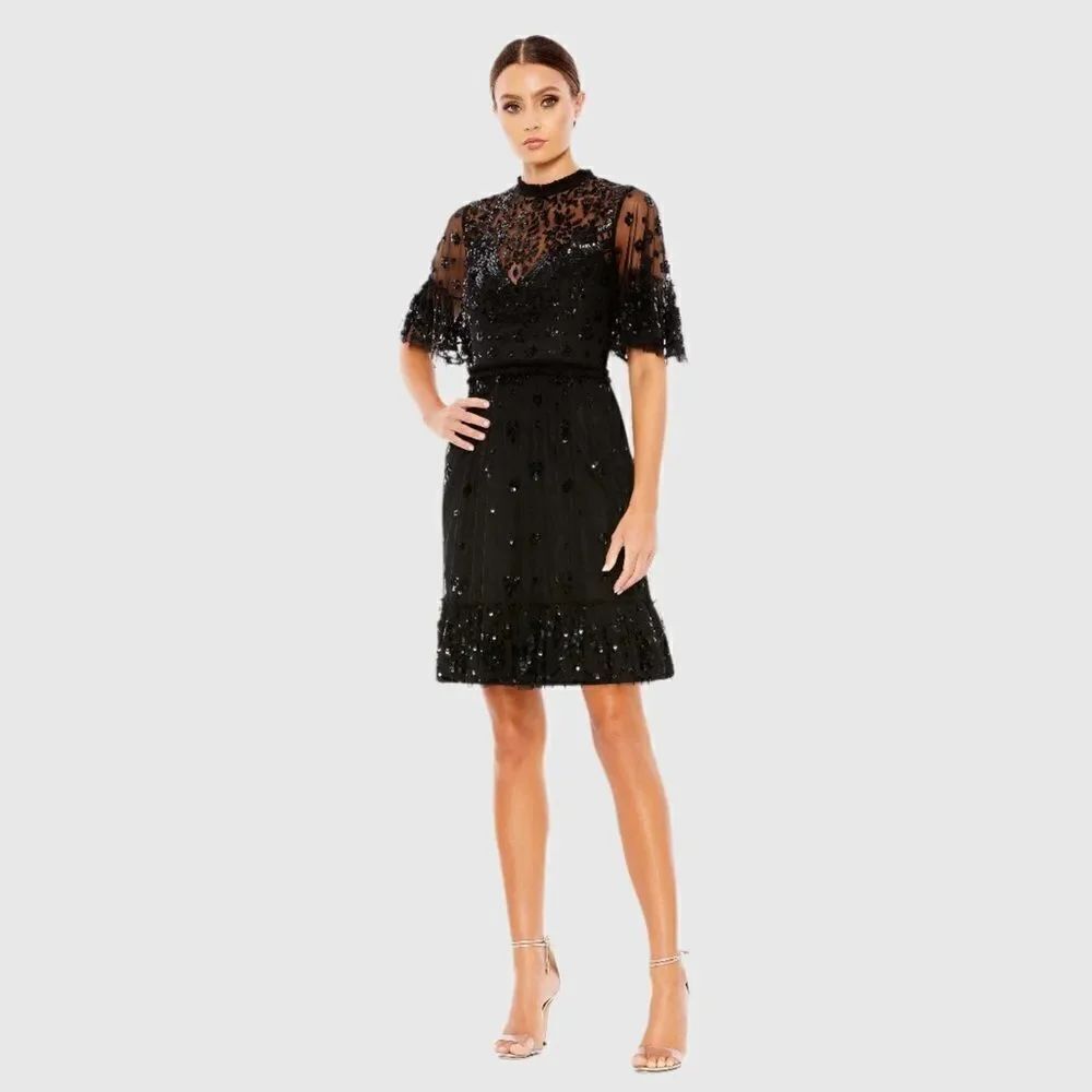 Mac Duggal Size 10 Black Sequin Floral High Neck Mini Dress Gown